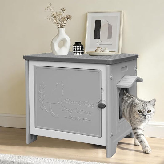 Cat Litter Box Enclosure Furniture Plastic Hidden Enclosed Litter Box Cabinet Cat House Kitty End Table for Living Room, Entryway, Balcony, Bedroom