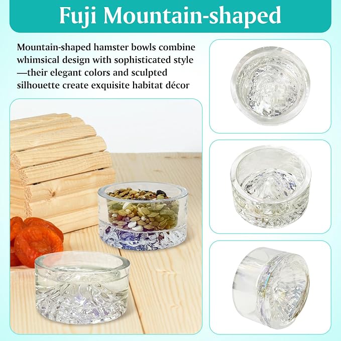 BNOSDM 2Pcs Hamster Food and Water Bowl Mountain Fuji Style Glass Drinking and Rabbit Grinding Claw Pads Natural Hamster Lava Stone Teeth Grinding Scratching Pad Chew Toy for Hamsters Gerbils Mice