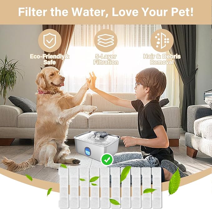 10+10 Pack Replacement Filters Compatible with SIBAYS/Kastty 4Gal/15L Stainless Steel Dog Water Fountain, Includes 10 Filters & 10 Sponges