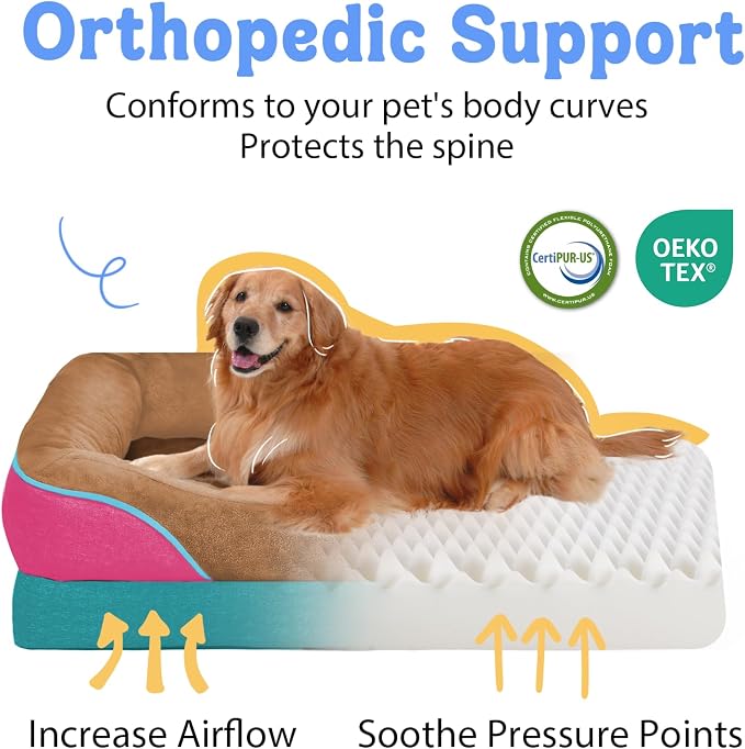 Chez Paw Large Orthopedic Dog Bed for Extra Large Dogs, Waterproof XL Egg-Crate Foam Dog Bed with Removable Washable Cover & Non-Slip Bottom, 4-Sided Bolster Support, Brown Mint 42"x30"x7.5"