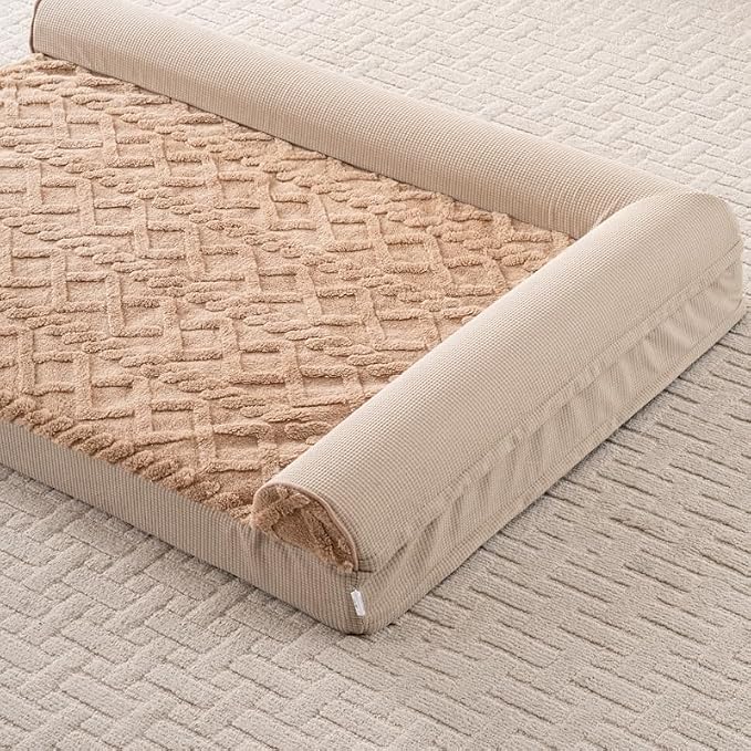 Dog Bed, L-Shaped Plush Sofa with Bolster, Memory Foam Pet Bed, Machine Washable Cover, for All Dog and cat Breeds (Brown, 42" x 30" x 6.5")