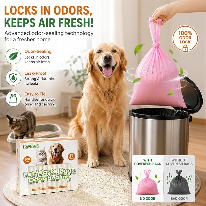 Odor Sealing Dog Poop Bags with Handles – 200 Count – Large Capacity | Heavy Duty Thick Pet Waste Bags - Leak Proof, Odor - Blocking (Pink)