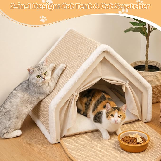 Cat Houses for Indoor Cats, 4-Season Universal Cat Bed with Natural Hemp Scratching Pad, Solid Wood Frame, Easy to Assemble, Floor-Scratching Carpet, Medium
