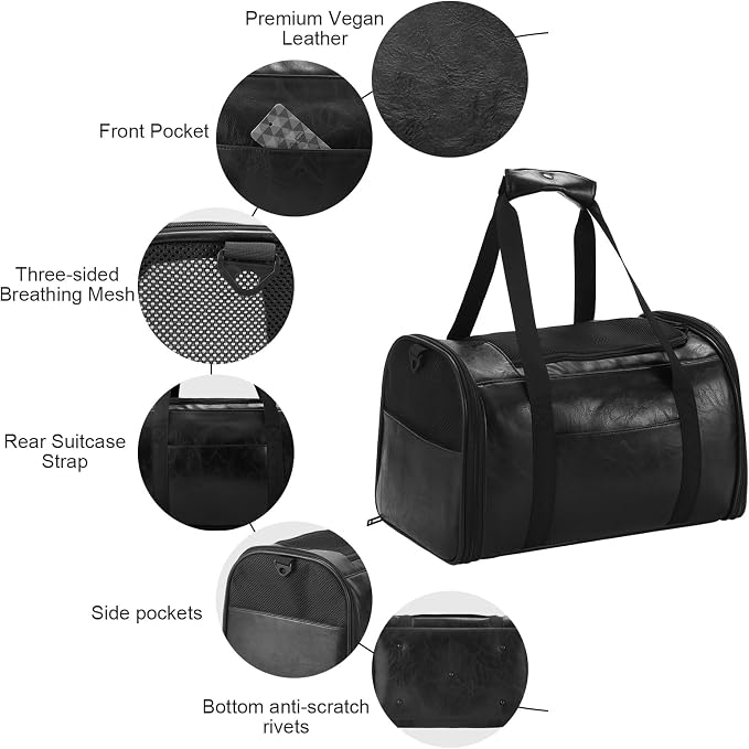 Lasaviin Fashion Leather Dog Carrier Cat Carrier Airline Approved Pet Carrier for Small Medium Dogs Cats Under 15Lbs, Collapsible Soft Sided Travel Puppy Carrier
