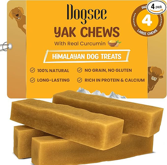 Dogsee Yak Cheese Himalayan Dog Chews with Turmeric 1lb (Large - 4 Bars) 100% All Natural Treats for Large Breed Dog Chews Long Lasting for Joint Inflammation, 60% Protein Dental Sticks