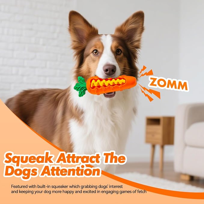 Indestructible Carrot Dog Toy for Aggressive Chewers - Tough Natural Rubber Chew Toy for Boredom, Interactive Treat Toy for Mental Stimulation - Durable Squeaky Toy for Small & Medium Dogs