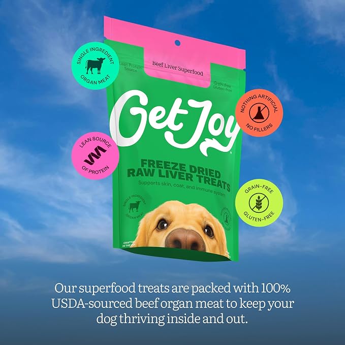 Get Joy Freeze-Dried Meal and Treats Bundle, Strength 100% Beef Liver Dog Treats, 4 Ounce, and Gut Health Fresh Freeze Dried Raw Meal Dog Food, Beef Recipe, 16 Ounce