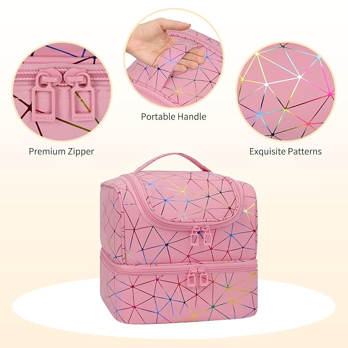 CUBETASTIC Nail Polish Organizer Bag, Double Layer Nail Tech Travel Case Holds 27 Bottles & Nail Lamp, Pink Nail Storage Organizer Box for Supplies, Portable Manicure Case
