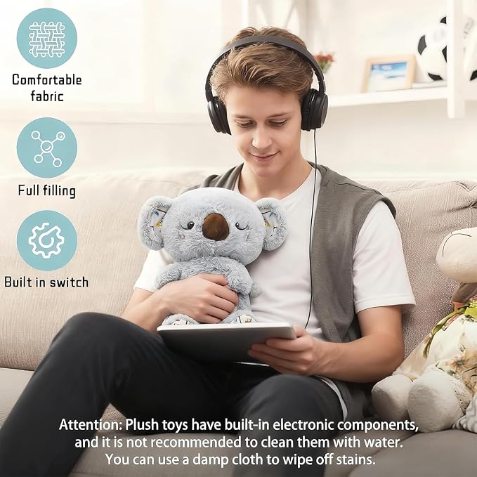 rytopt Breathing Stuffed Animal, Simulated Breathing Sounds, 4 Gear Adjustment, Volume Control, Plush Toy with Music & Light (Koala)