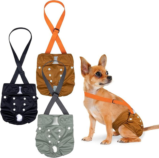 Pet Soft Dog Diapers Female with Suspenders, 3 Pack Reusable Female Dog Diapers for Heat, Dog Period Panties for Doggie in Cycle(X-Small, Deepcolor)