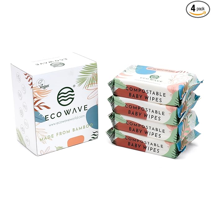Eco Wave Baby Wipes, 100% Compostable Eco-Friendly Bamboo Wipes, Unscented, Hypoallergenic, Vegan, Alcohol-Free, Suitable For Sensitive Skin (Pack of 4)