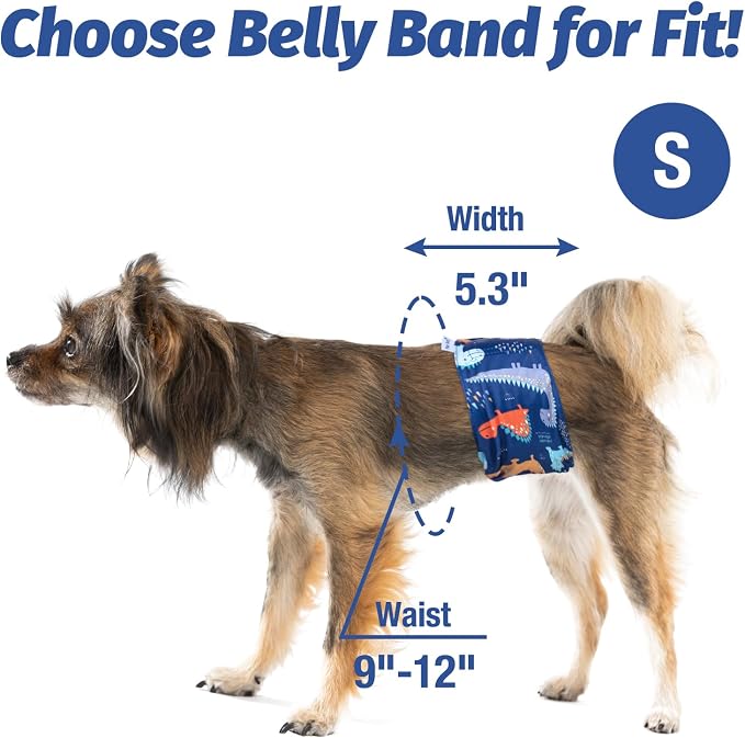Pet Soft Dog Belly Band - 3 Packs Reusable Dog Diapers Male Doggy Diapers Wraps - Washable Dogs Belly Bands for Male Dogs (Dino, S)