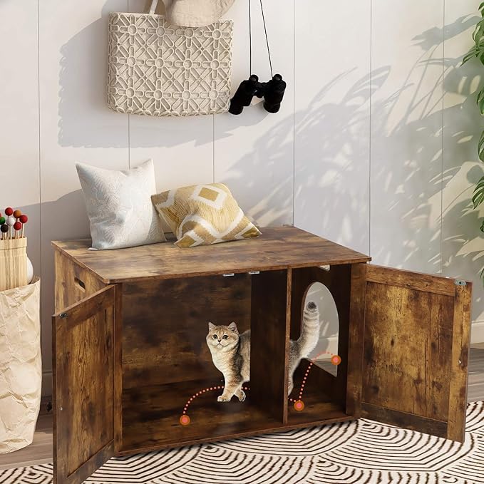 Timberer Cat Litter Box Enclosure, Litter Box Furniture Hidden with Removable Divider, Wooden Cat Washroom Furniture, Indoor Cat House, Rustic Brown