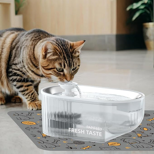 PAPIFEED Cat Water Fountain & Stainless Steel Tray (Clear+White)