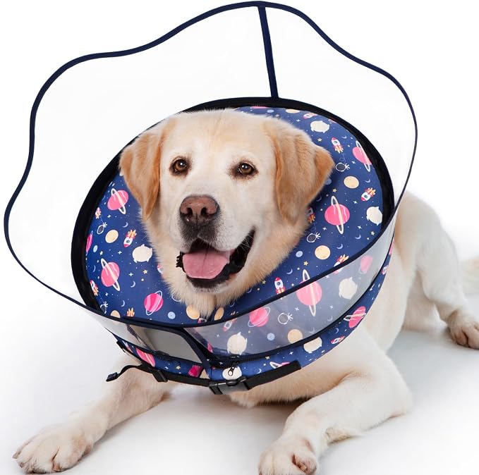 Inflatable Dog Cone Collar,Waterproof Soft Dog Donut Cone for Large Medium Small Dogs Cats, Recovery Pet E-Collar Alternatives After Surgery (Planet-with Shield, Medium)