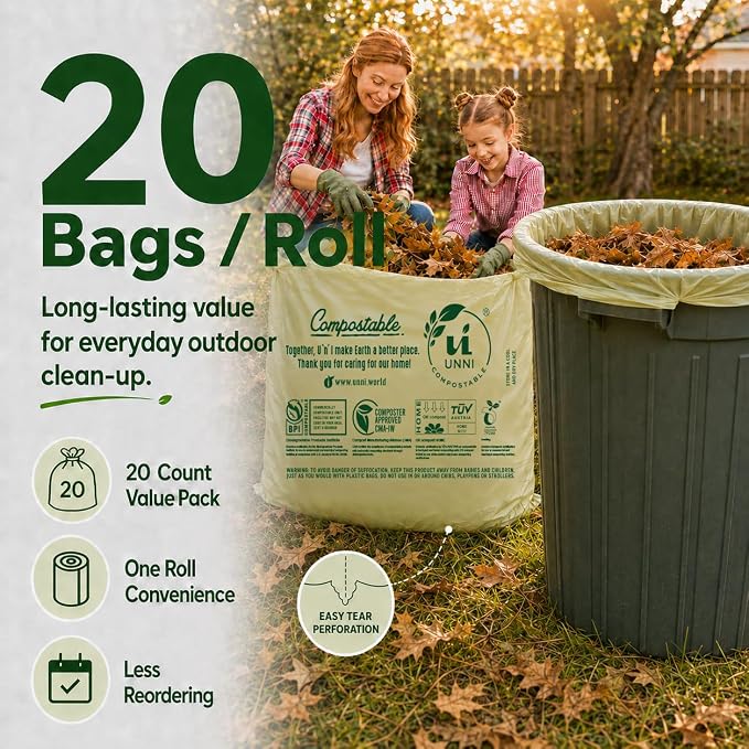 UNNI Compostable Lawn & Leaf Bags, 30-33 Gallon / 124 Liter, 20 Count, Extra Thick 1.1 mil Yard Waste & Food Scrap Liners, Certified by BPI, CMA & OK compost HOME, Meets the ASTM D6400 Standard