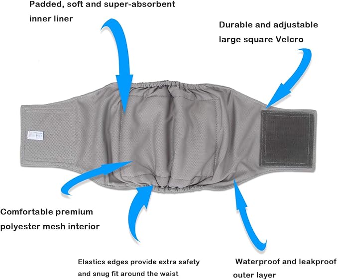 Teamoy 3 Pack Male Dog Diaper Wrap with Gray Lining, Washable Puppy Belly Bands, Super-Absorbent and Comfortable(S,10"-13" Waist)