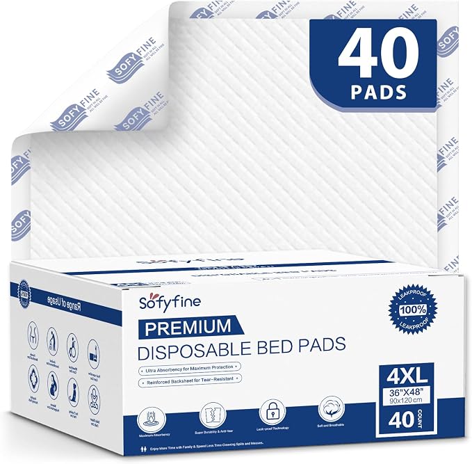 SOFYFINE Disposable Adult Underpads 36"x48" XXL Extra-Large Incontinence Bed Pads – Mattress Protector Pee Pads for Adults Kids, Bed Protection & Training [40 Pads]