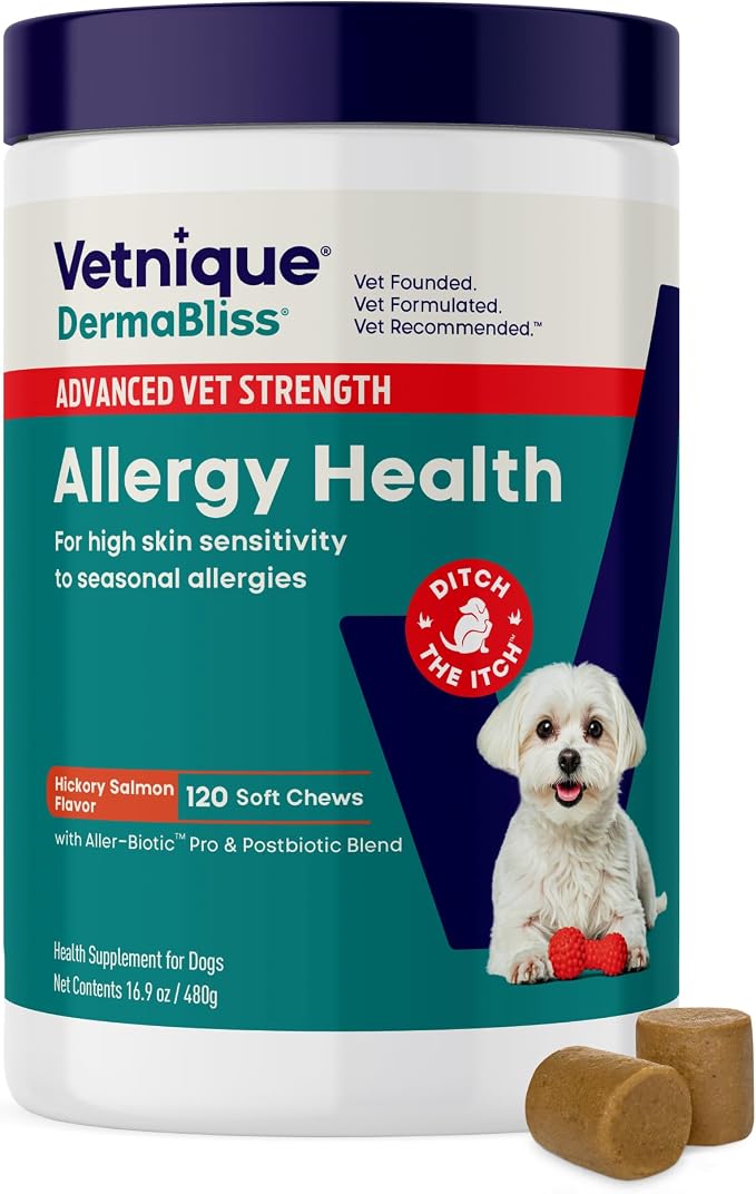 Vetnique Dermabliss Dog Allergy Chews Advanced Strength for Itch & Skin Relief, Anti-Itch Supplement with Aller-Biotic Pro, Quercetin, Wellmune & Omega 3 (120ct, Advanced Strength Chews)