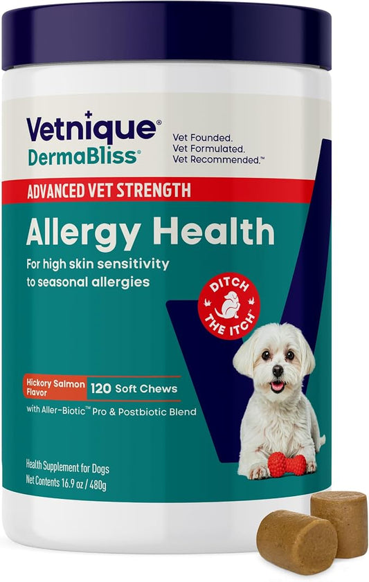 Vetnique Dermabliss Dog Allergy Chews Advanced Strength for Itch & Skin Relief, Anti-Itch Supplement with Aller-Biotic Pro, Quercetin, Wellmune & Omega 3 (120ct, Advanced Strength Chews)