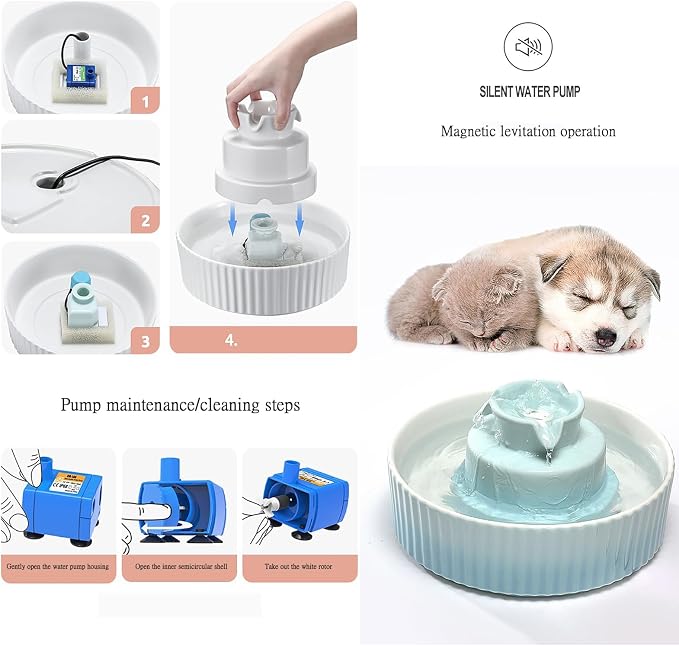 Ceramic Cat Water Fountain Cats 2.1L/71.02oz with 9 Filters 3 Sponge Tower Water Dispenser Dog Water Bowl Dispenser Cat Fountain for Cats Indoor Ultra Quiet Pump Pets Water Bottle White