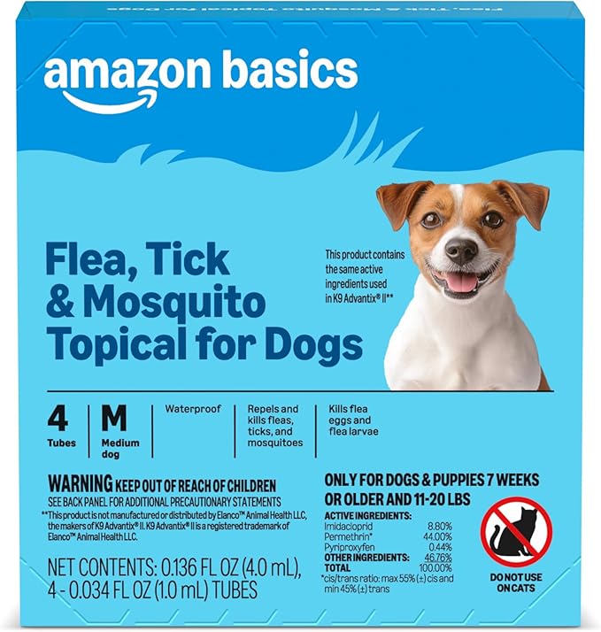 Amazon Basics Preventative Flea, Tick & Mosquito Topical Treatment for Medium Dogs (11-20 Pounds), Kills Fleas, Prevents Infestations, 4 Count, Packaging May Vary
