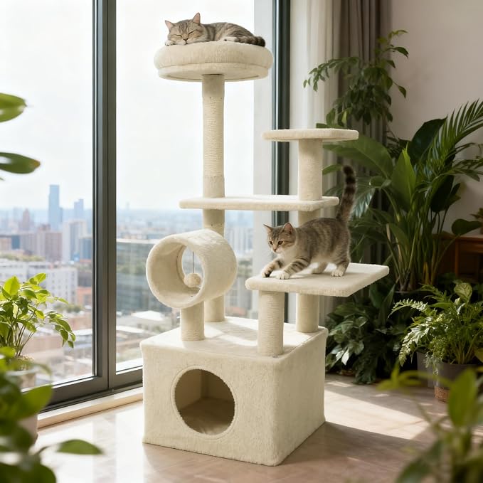 Tangkula Cat Tree Tower, 48 Inch Multi-Level Cat Tower with Large Condo, Sisal Scratching Post, Padded Top Perch, Tunnel, Hanging Ball, 3 Jumping Platforms for Indoor Cats (Beige)