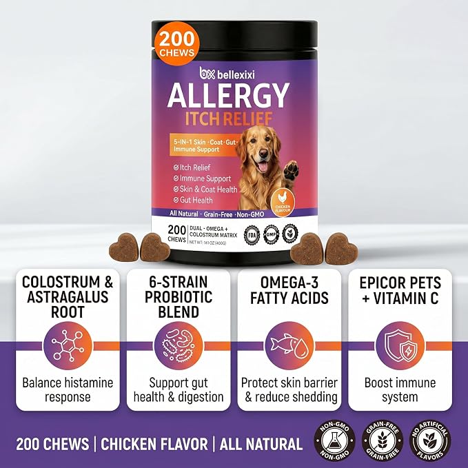 Dog Allergy Chews 200ct - Seasonal Allergy & Itching Skin Relief for Dogs - Soft Chews with Colostrum, Probiotics & Omega 3 for Licking Paws, Hot Spots & Immune Support - Chicken Flavor (14.1 OZ)