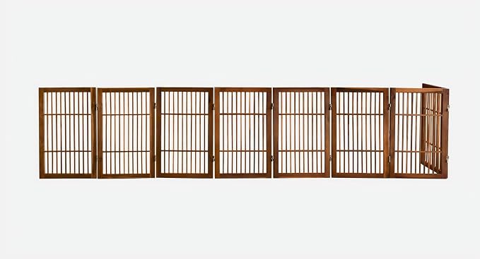 Urnporium Pet Dog Gate Freestanding, Strong Durable Folding Wooden Fence, Portable Acacia Hardwood Safety Barrier for Indoor & Outdoor Use (Brown Pet Gate, 8 Panel 30" Tall)