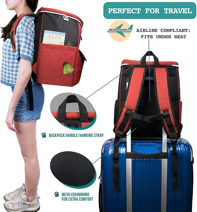 PetAmi Dog Travel Bag Backpack, 27L Airline Approved Pet Supplies Organizer with 2 Food Containers, 2 Collapsible Bowls & Poop Bag Dispenser, Weekend Road Trip Camping Dog Mom Gift, Red