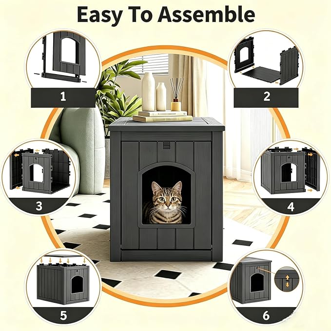 Cat Litter Box Enclosure, Multi-Purpose Resin Hidden Cat Litter Cabinet, Indoor Outdoor Weather Resistant Pet Litter Box Furniture, Easy Cleaning & Tool-Free Installation, Black