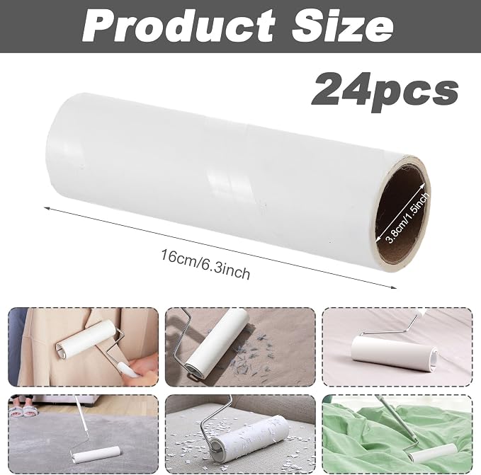 6.3 inch Wide Lint Roller Refills, Value Pack 24 Rolls Extra Sticky Lint Rollers Refill, Pet Hair Sticky Roller Refills for Floor, Couch, Carpet, Bed, Clothes(Pack of 24, Total 1440 Sheets)