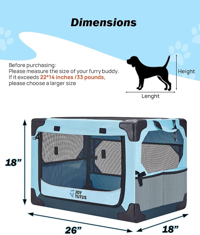 JOYTUTUS 26 Inch Collapsible Dog Crate, Steel Frame 8-Bar Foldable Soft Kennel, Portable Travel Crate for Medium Dog Up to 33lbs, Oxford Cat Carrier Fit for Car Travel Indoor Outdoor