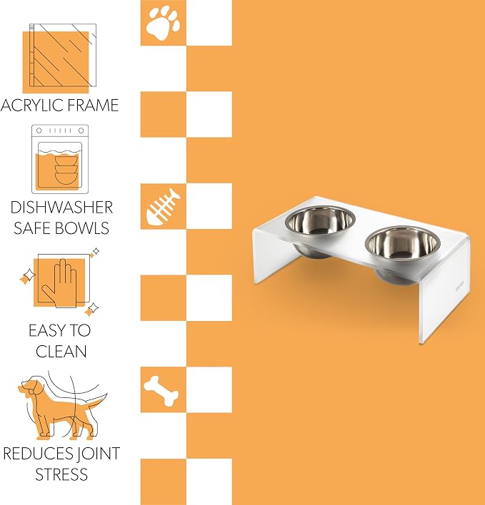 DBL2001K Keaton 7.5" Medium/Large Modern Acrylic Rectangular Elevated Pet Feeder with 54oz 2-Stainless Steel Bowls, Moon White/Chrome