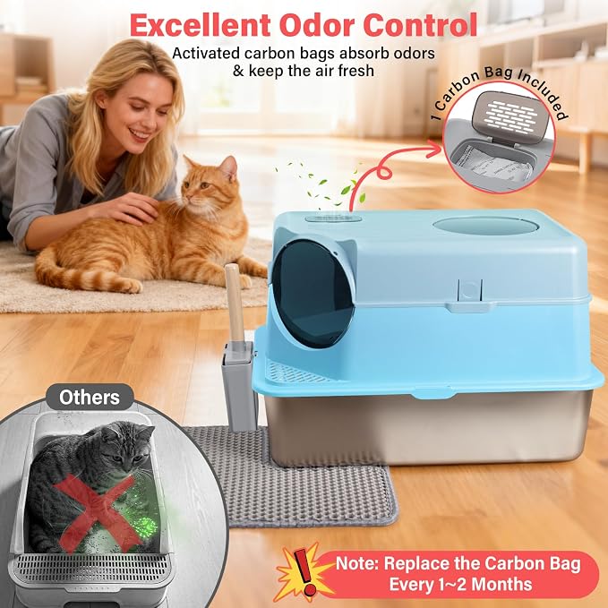 Stainless Steel Litter Box with Lid, XL Extra Large Cat Litter Box for Big Cats, Front & Top Entry Metal Cat Box with Scoop and Mat, Odor-Free, Anti-Urine Leakage, Non-Sticky, Easy Cleaning