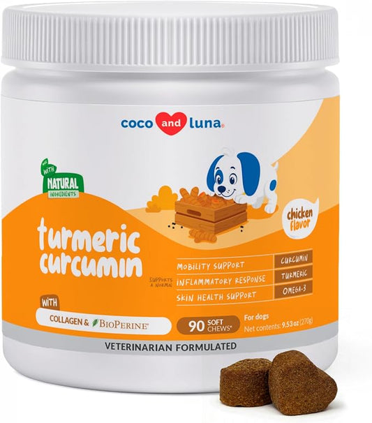 Turmeric for Dogs 90 Soft Chews - Joint, Anti-Inflammatory & Collagen | Turmeric with Curcumin, BioPerine, Collagen & Fish Oil. Supports joint health & eases inflammation and promotes mobility.