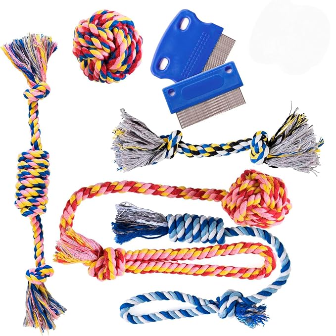 Pets&Goods Dog Grooming Combs & 5-Pack Rope Toy Bundle - Gentle Tear Stain Remover and Dental Cleaning Toys for Puppies & Small/Medium Dogs