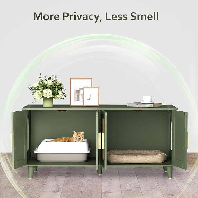 Homhedy Boho Cat Litter Box Enclosure for 2 Cats, Wooden Cat Washroom Furniture with Double Rattan Decorated Doors, Pet House,47.2”L x 19.7”W x 21.7”H, Green