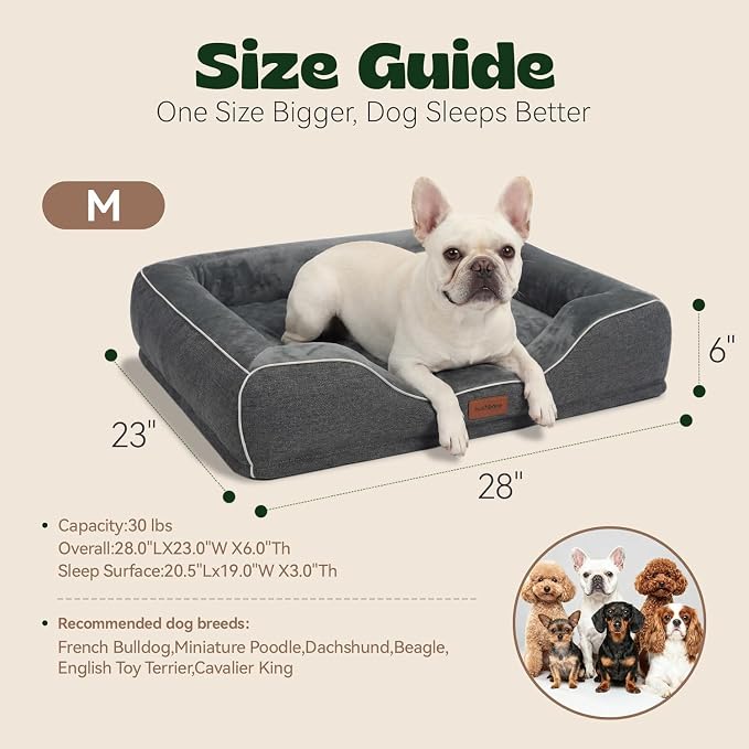 Memory Foam Dog Beds Medium Sized Dog with Removable Bolsters & Washable Cover,Orthopedic Pet Beds Eggshell Foam Infused with Cooling Gel Waterproof Relieves Joint Pain,28"x23"x6.5"Dark Grey
