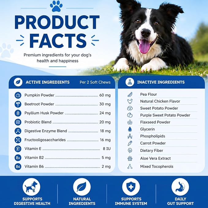 Anal Gland Support Chews for Dogs – Stops Scooting, Supports Digestive Health & Firm Stools – Pumpkin, Psyllium, Fiber, Probiotics & Digestive Enzymes – Chicken Flavor（120 Ct）