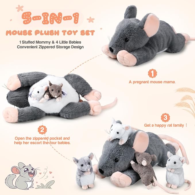 Arrowbash 5 Pcs Mouse Stuffed Animals Set - 14'' Large Mommy Rat Plush with 4 Small Mouse Babies in Zippered Tummy Stuffed Rat Plush Toys for Kids Girls Boys Valentine Birthday Gift(Adorable Style)