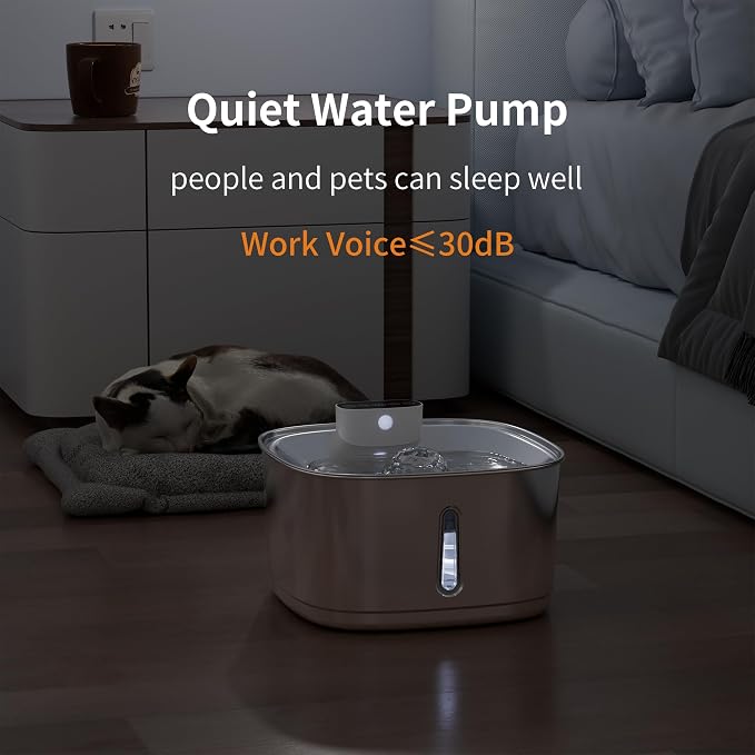 Cat Water Fountain Stainless Steel- 108oz/3.2L Pet Fountain with 4 Replacement Filters, Motion Sensor& 3 Working Modes, Cordless Automatic Dog Water Dispenser for Cats, Dogs, and Small Pets