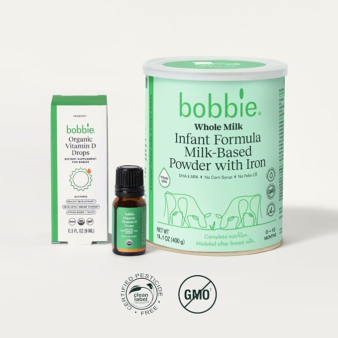 Bobbie Whole Milk, Grass Fed Baby Formula and Vitamin D Drops for Newborn Babies and Infants, Milk Based Powder with Iron Plus Liquid Vitamin D, Formula Feeding and Breastfeeding Baby Essentials