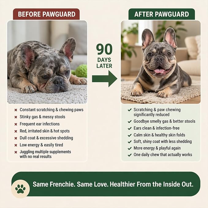 PawGuard French Bulldog Longevity Chews, Breed-Specific Formula Supplement for Bulldogs' Probiotics Chews, Supports Gut Health, Immunity & Skin, Pork Flavor, 30 Count (1 PC)