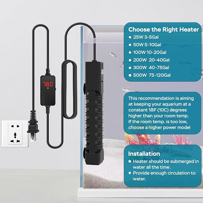 AquaMiracle Aquarium Heater, 300W Submersible Fish Tank Heater with LED Digital Display, Overheat Protection & Auto Power-Off When Out of Water, for Freshwater and Saltwater Fish Tanks (40-75 Gal)