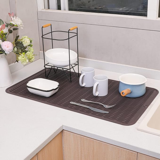 MicoYang Silicone Dish Drying Mat for Multiple Usage,Easy clean,Eco-friendly,Heat-resistant Silicone Mat for Kitchen Counter or Sink,Refrigerator or Drawer Liner Coffee 4XL 32 inches x 18 inches
