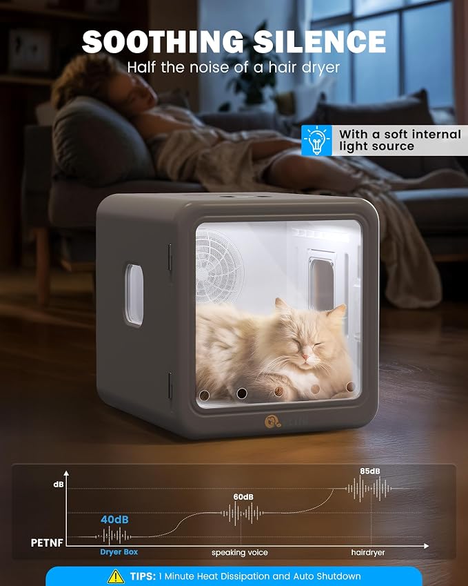 PETNF Pet Dryer Box for Cats and Small Dogs, 70L Automatic Drying Chamber with Quiet Operation, Adjustable Airflow & Temperature for Comfortable Home Grooming After Baths