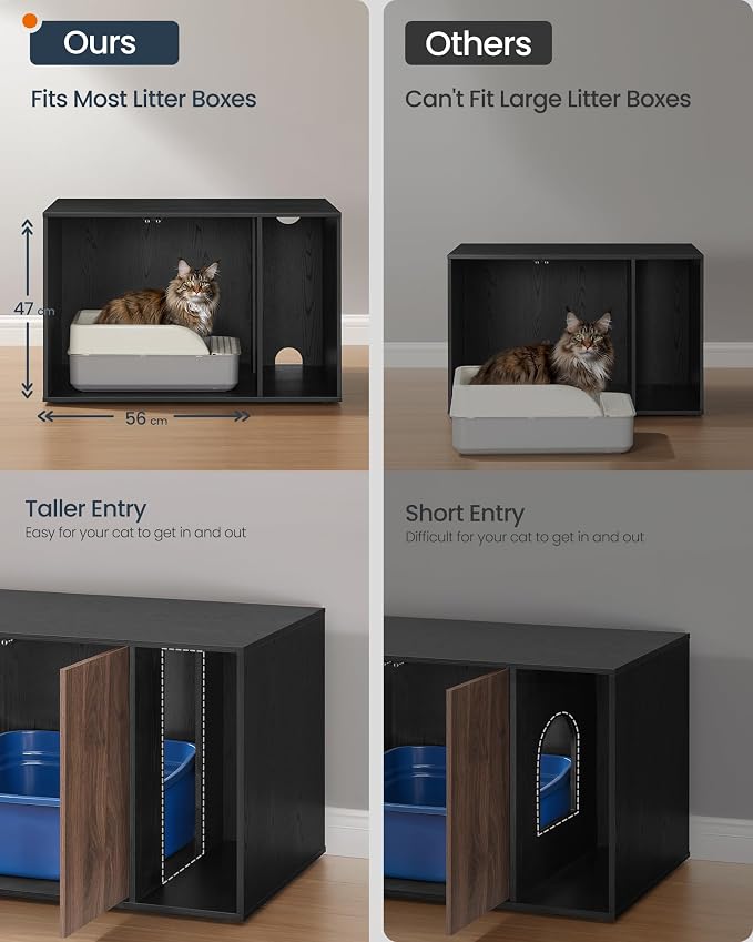 SONGMICS HOME Cat Litter Box Enclosure, Snapsemble Superfast Assembly, Litter Box Furniture for Large Cats, Display Side Table, Push-to-Open Doors, Ebony Black and Somber Walnut UPCL013BE01S