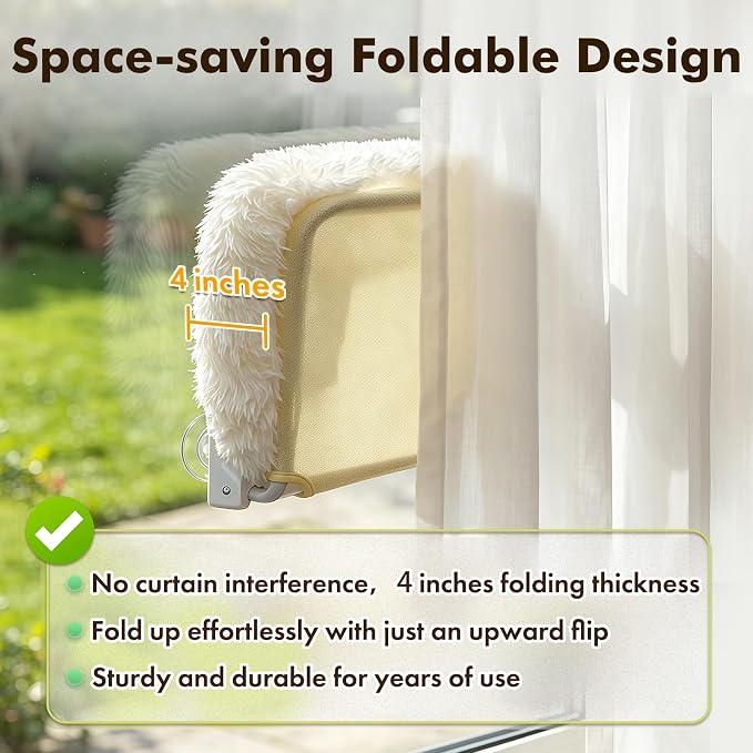 Zoratoo Cloud-Snuggle Cat Window Perch with 4-Sided Ultra-Thick & Fluffy Plush Cushion Bed, Foldable Cordless Cat Window Hammock for Window with Sturdy Metal Frame for Large Cats and Kittens (L,White)