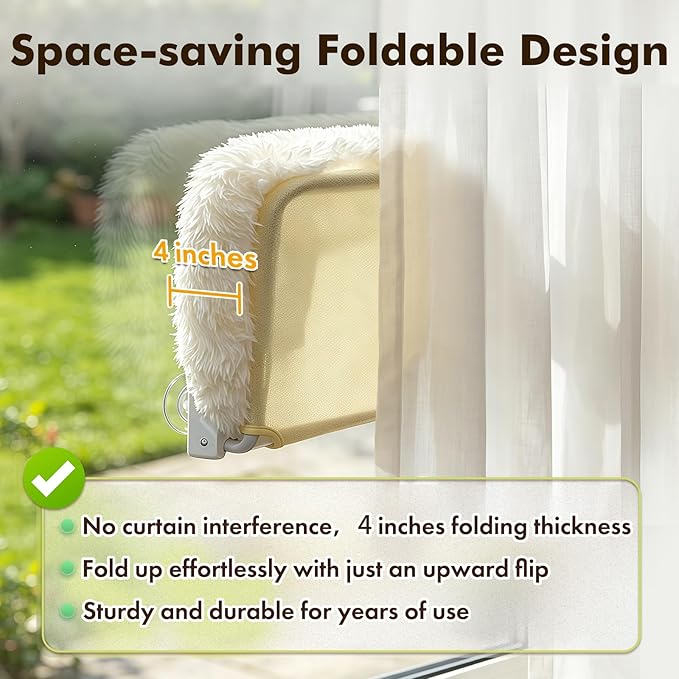 Zoratoo Cloud-Snuggle Cat Window Perch with 4-Sided Ultra-Thick & Fluffy Plush Cushion Bed, Foldable Cordless Cat Window Hammock for Window with Sturdy Metal Frame for Large Cats and Kittens (M,White)